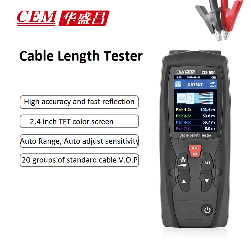 CEM CLT-1000 Auto Range Sensitivity Cable Length Tester with BNC, RJ45 connector for Various Cables