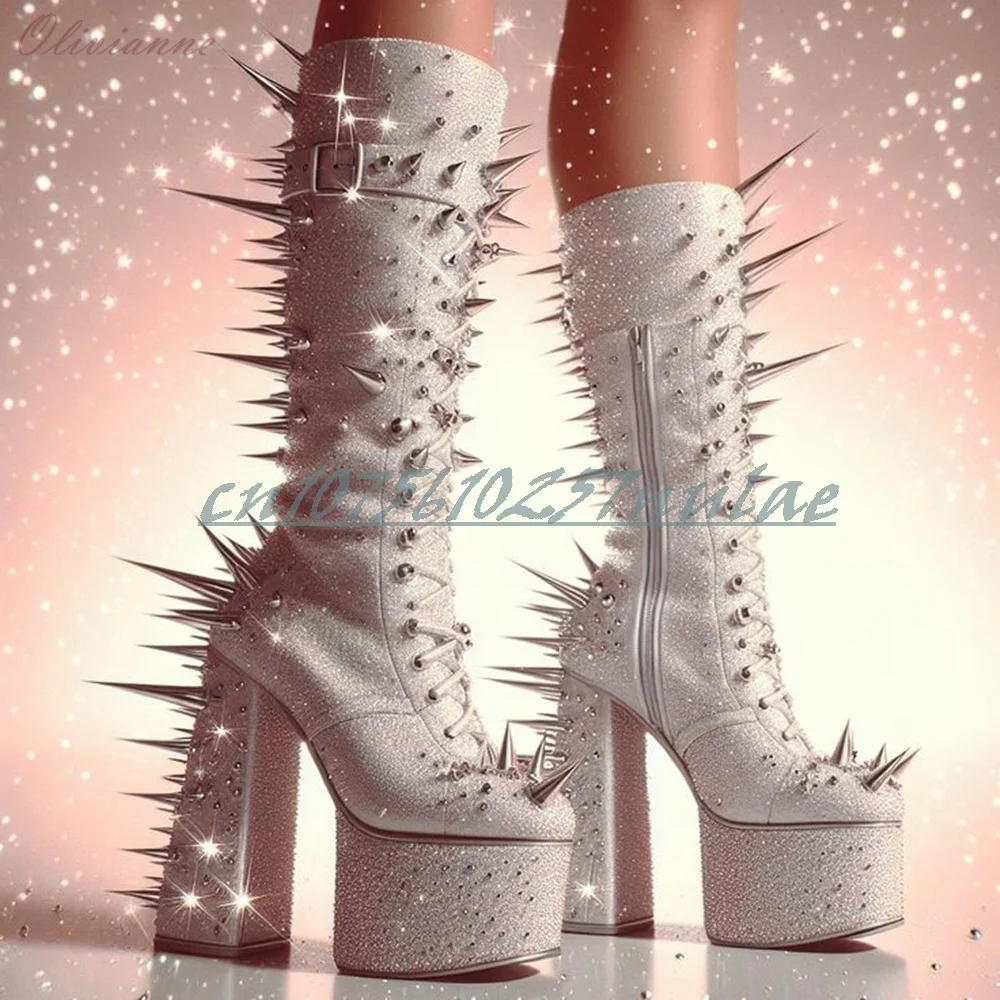 Cool Glitter Crystals Metal Rivets Decor Short Boots Platform Round Toe Chunky High Heel Fashion Sexy Hot Girls 2026 Para Mujere