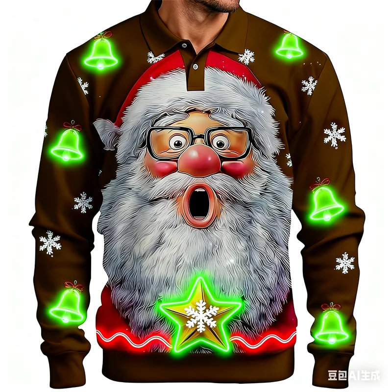 

Colorful Santa Claus Pattern Men's Long Sleeve Top 3D Christmas Elements Snowflake Print POLO Shirt Funny Party Unisex Clothing