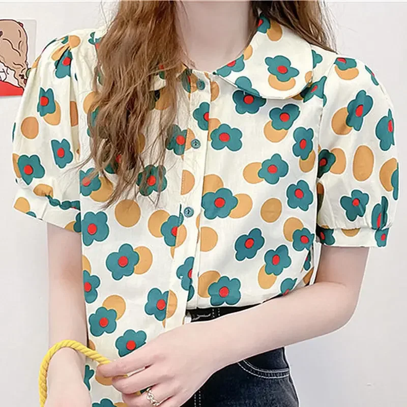 Women Summer Korean Casual Printing Chiffon Loose Polo-Neck Short Sleeve Blouse Women Clothes Sweet All-match Floral Top Tee