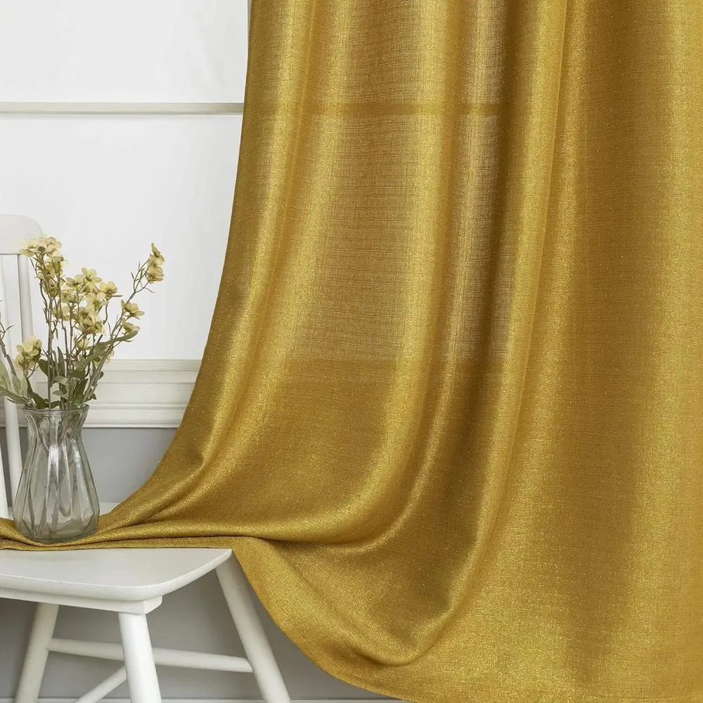 84 Cortinas metálicas semitransparentes de color amarillo mostaza con ojales, 52x84, brillo moderno para salón y dormitorio