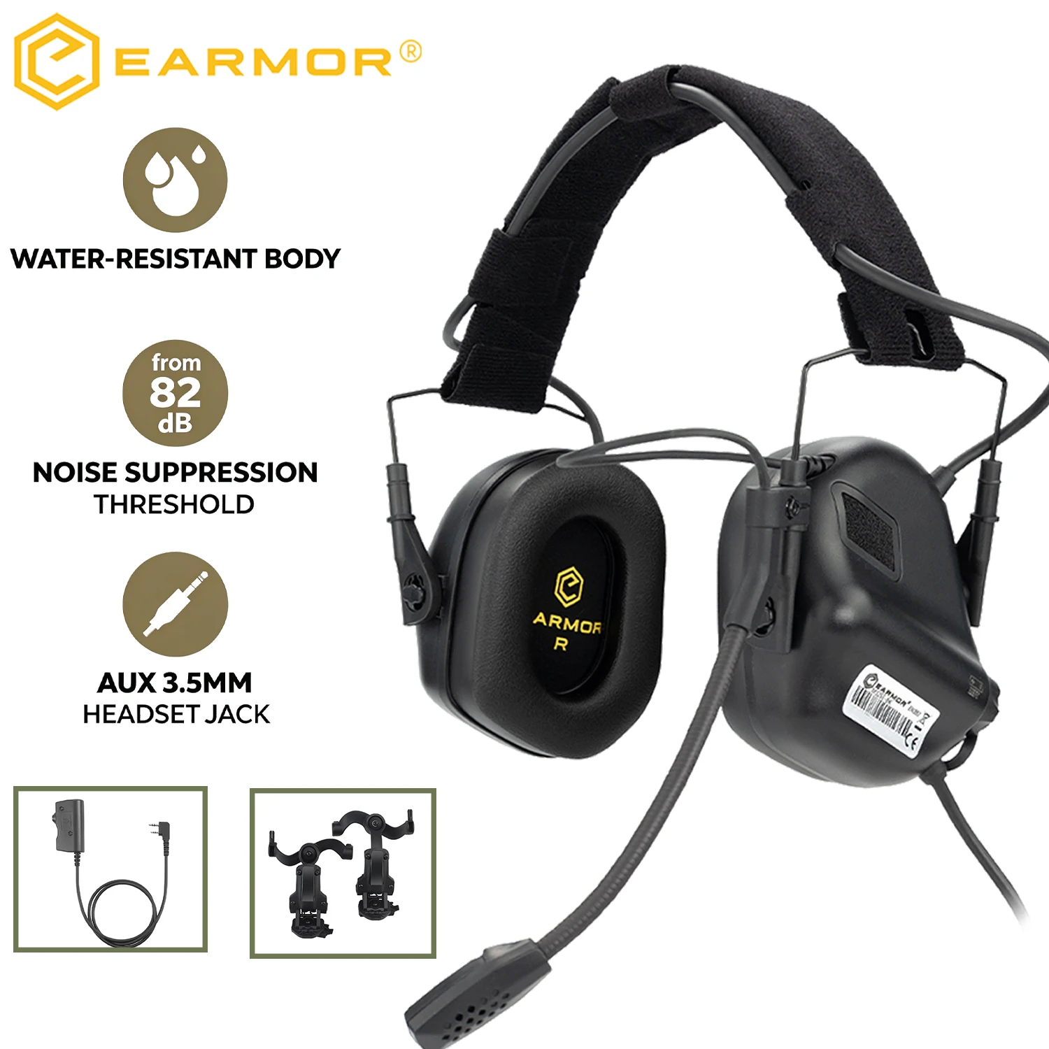 EARMOR Tactical Electronic Shooting Earmuffs with Helmet ARC Rail Adapter with PTT Adapter Headset for Communication