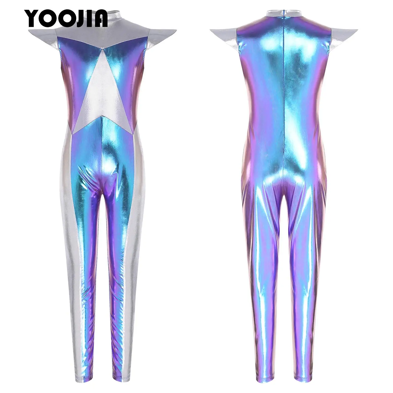 

Girls Shiny Alien Jumpsuit Halloween Outerspace Robot Cosplay Costume Flying Sleeve Metallic Full Bodysuit Future World Dress Up