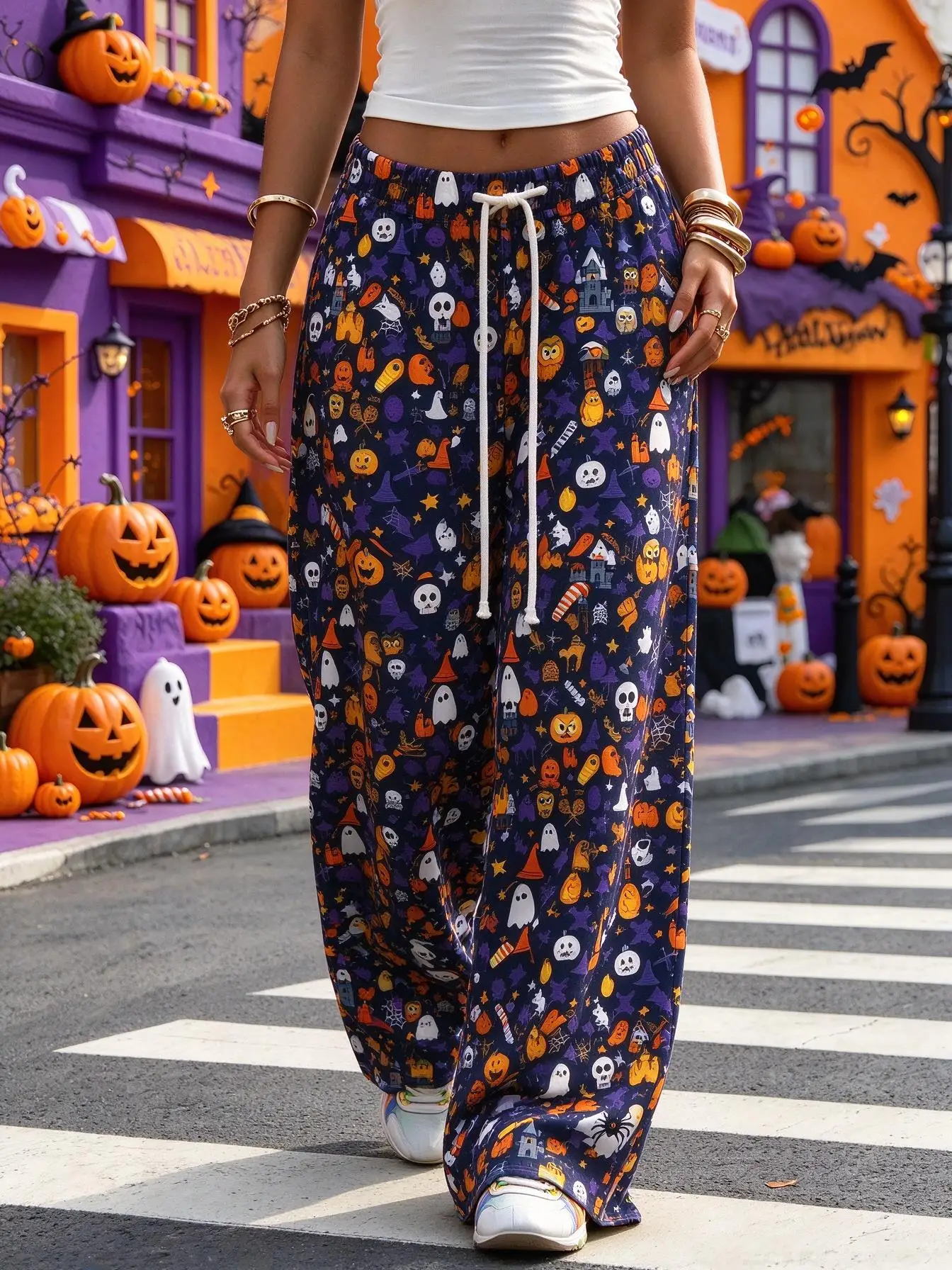 Halloween Ladies Wide Leg Trousers, Cartoon Skull Ghost Candy Witch Hat Print Drawstring Loose Party Pants