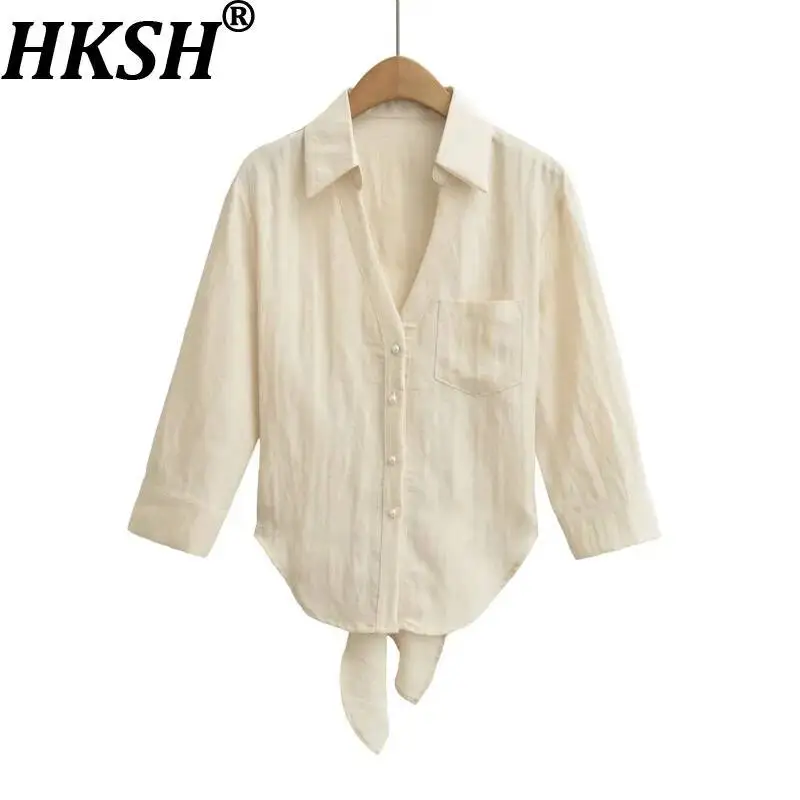 

HKSH Women Linen Shirt Elegant Fashion Casual Expose Waist Bow Lace-Up Solid Color Pocket Loose Blouse New Spring Summer HK23680