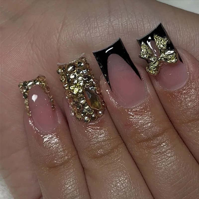 

24PCS Sparkling Pink Cat Eyes False Nails Glitter Golden Sequin Short Coffin Press on Fake Nails for Women Detachable Nail Tools