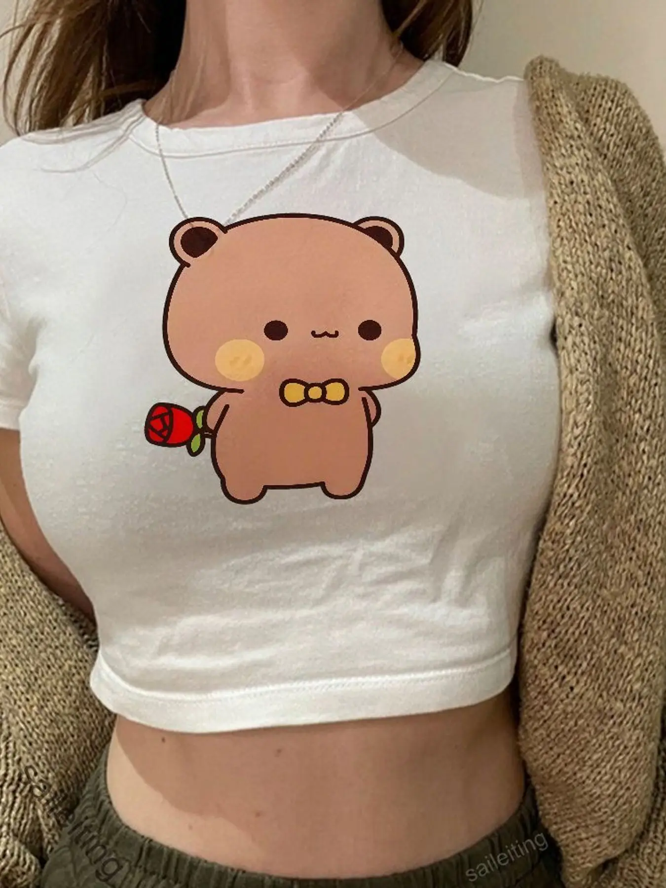Women's Cute Bear Print Crop Top Short Sleeve Kawaii Cartoon T-Shirt with Bow Tie Rose Design Harajuku Street Style Summer To