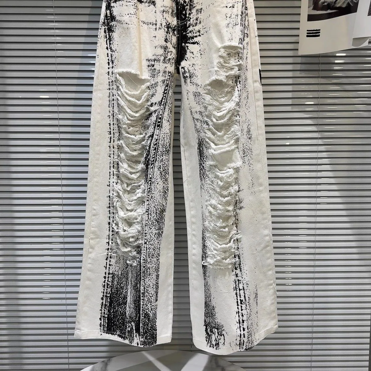 デザインセンス夏新作アメリカンスパイスガールプリント柄カットホールフライドストリートワイドレッグジーンズレディース