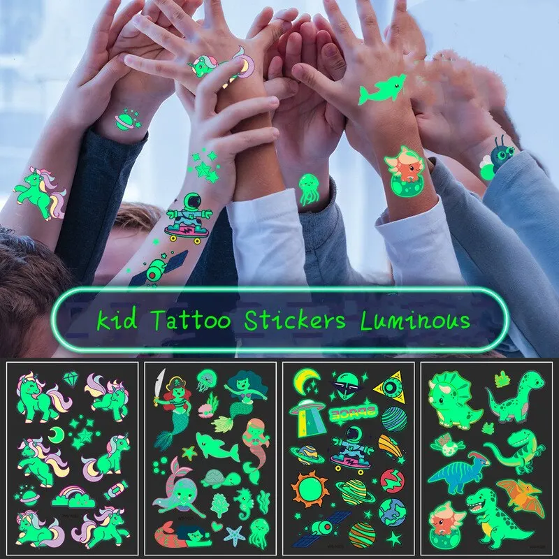 Kids Tattoo Stickers Luminous Temporary Fake Tattoos Glow Paste on Face Arm Leg for Children Body Art Mermaid Sticker