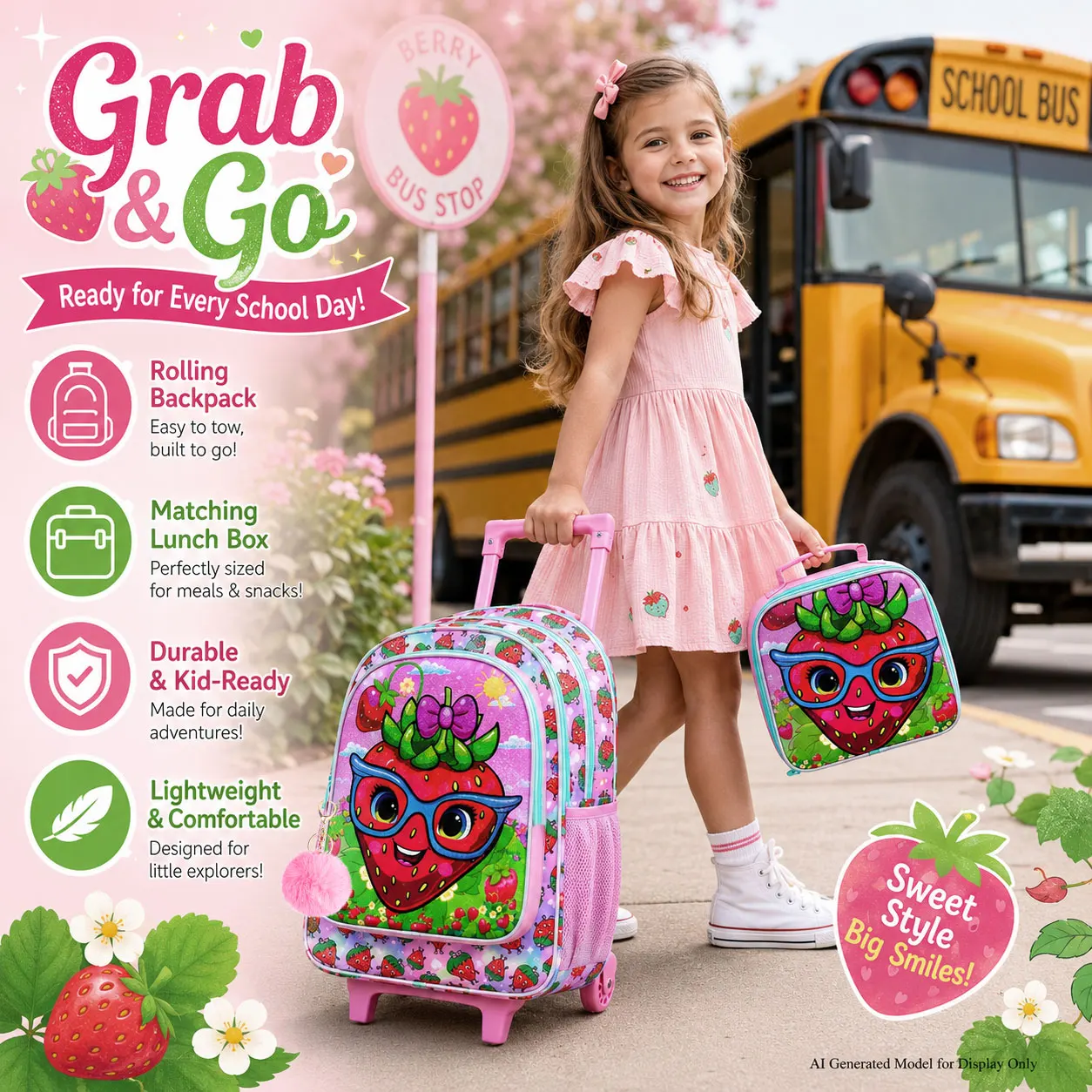 Kid's Backpack 3PCS, UV Strawberry Rolling Backpack, Large Capacity, One Rolling Backpack, One Handbag, One Pencil Case