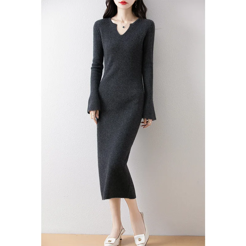 Dresses On Offer Clearance Free Shipping Women's Dresses 100% Wool Knitted Jumpers 2024 Winter V-neck Long Dress Pullovers