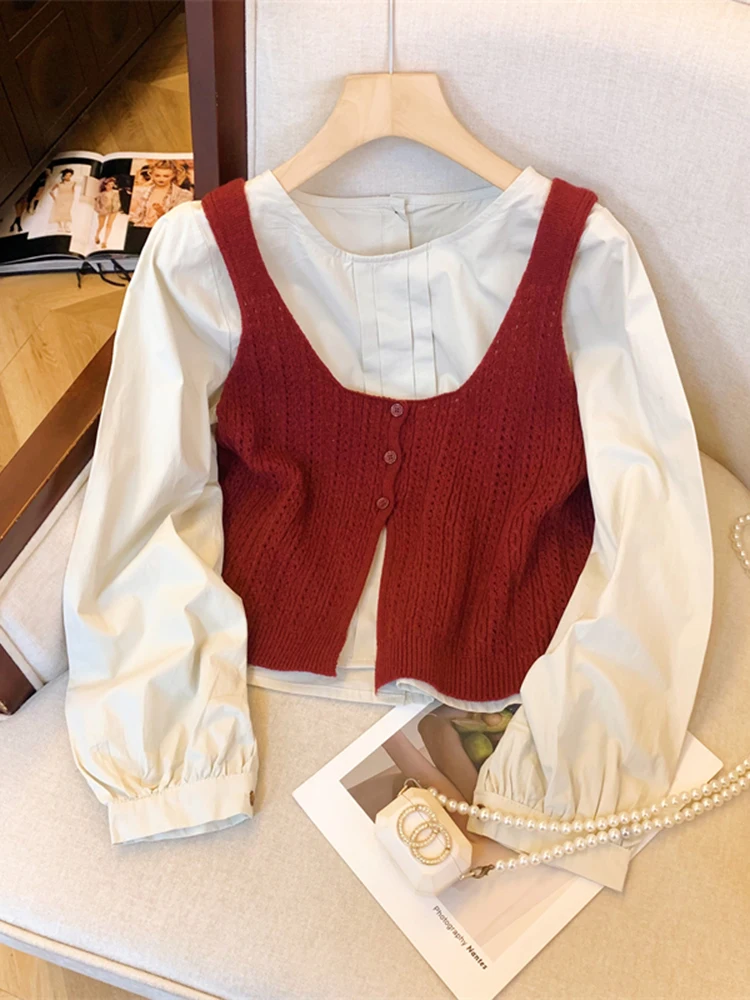 

New Retro Women Round Neck Solid Color Shirt Two-Piece Set Korean Fashion Women's Sweater Knitted Vest+Long Sleeved Shirt Top