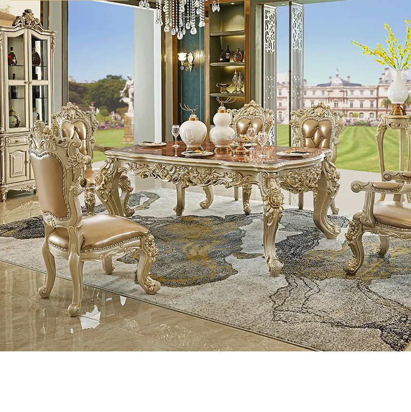

olid wood carving flower dining table and chair combination American villa long dining table first layer cowhide dining chair hi
