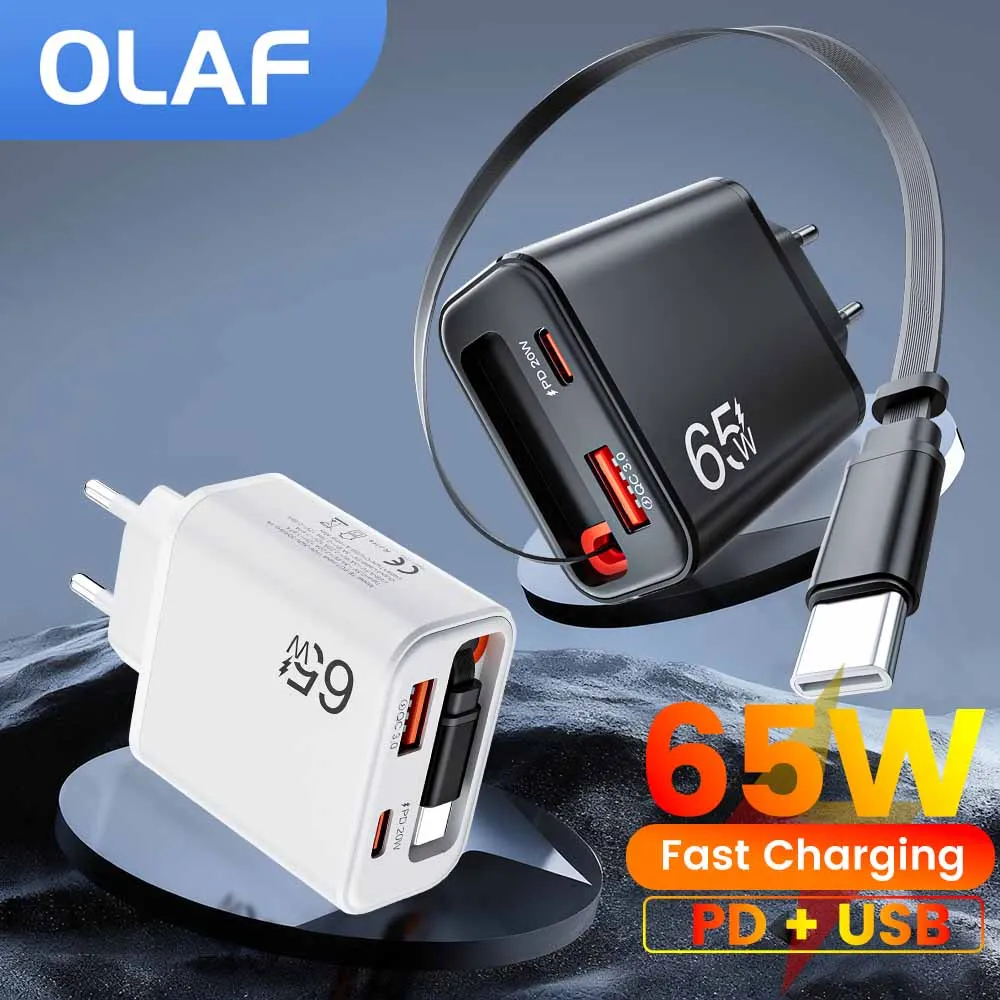

65W Super Fast Charger USB C With Retractable Type C Cable For iPhone 17 16 15 Samsung Xiaomi QC3.0 PD Quick Charger Adapter