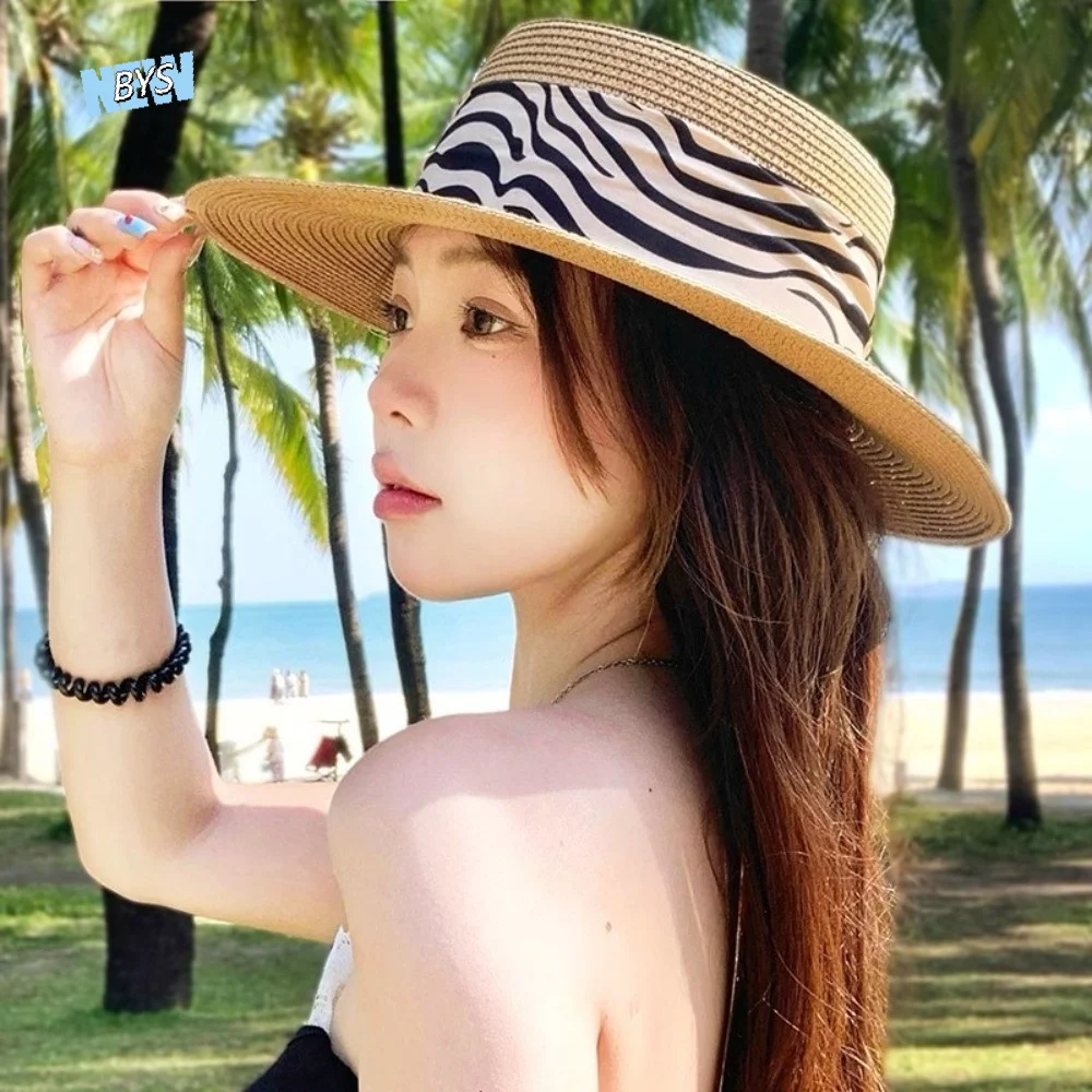 

with Leopard Print Belt Straw Woven Hat Korean Style Wide Brim Sunscreen Bucket Hat Flat Top Sunshade Women's Sun Hat Seaside