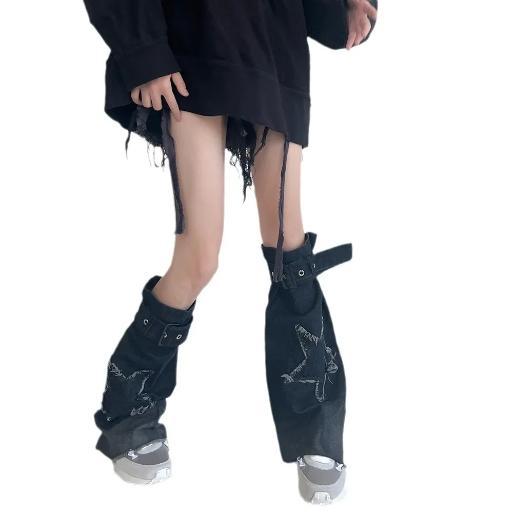 Y2K Punk Girl Subculture Denim Adjustable Tightness Leg Garter Horn Women's Leg Warmers Harajuku Foot Sock Long Calf Socks