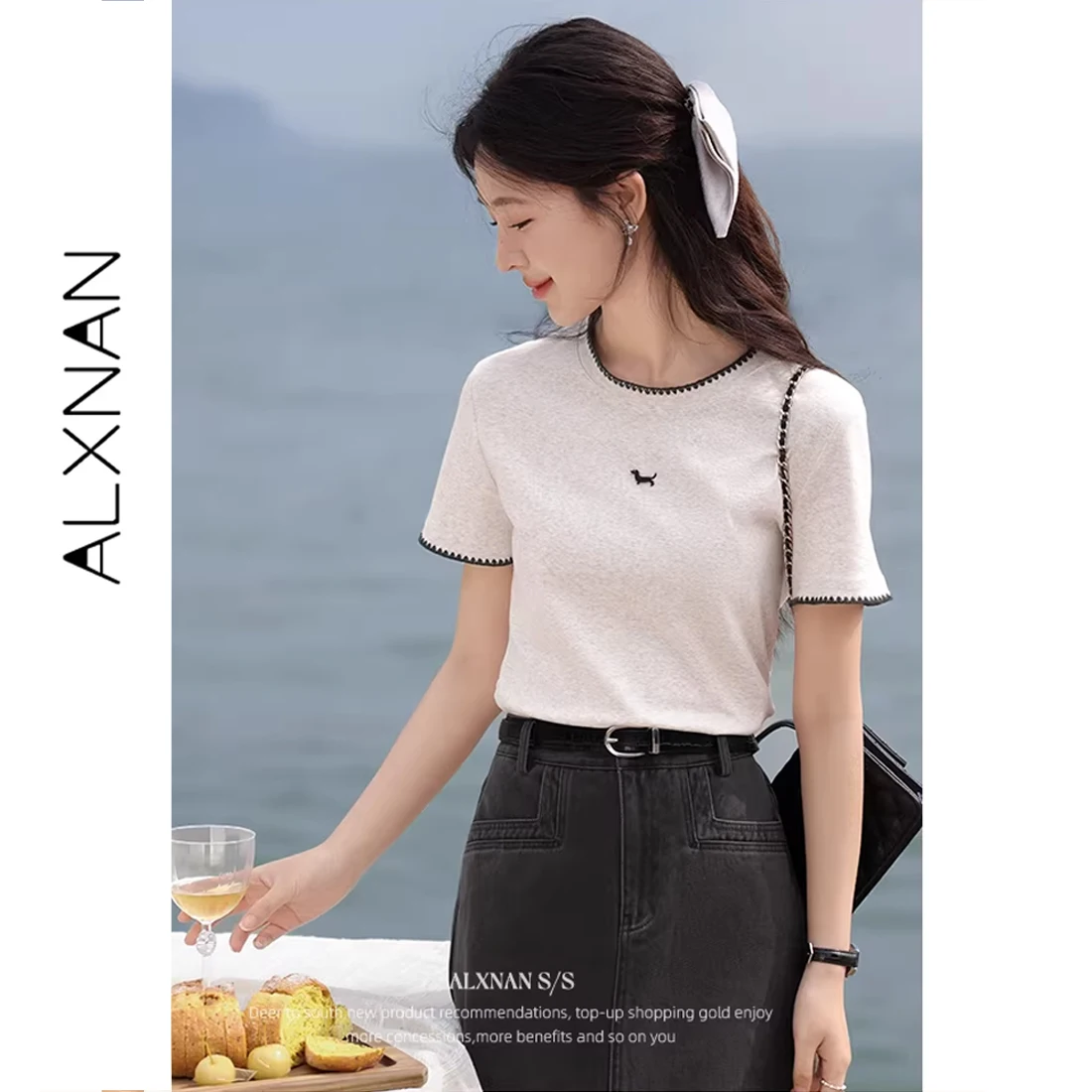 

ALXNAN Gray T-shirt 2026 Summer Embroidery Women's Short Sleeve T-shirt Elegant Cotton Lace Insert Chic Casual Top Ladies L55132
