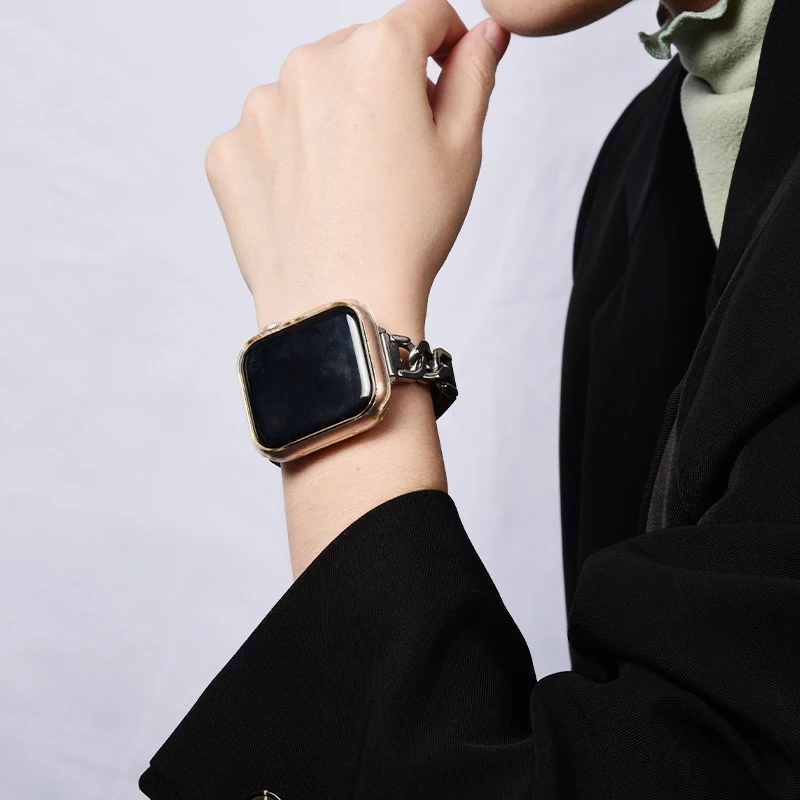 Chain+Leather Strap For Apple Watch Ultra band 49mm 45mm 41mm Women Narrow bodyMagnetic Bracelet iWatch Series 9 8 7 SE 6 5 4 3