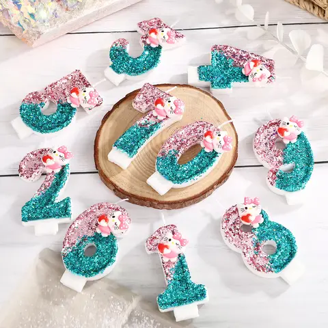 Creative sequins, birthday candles, pink blue color scheme, cartoon cat, digital candles, party, birthday cake decoration