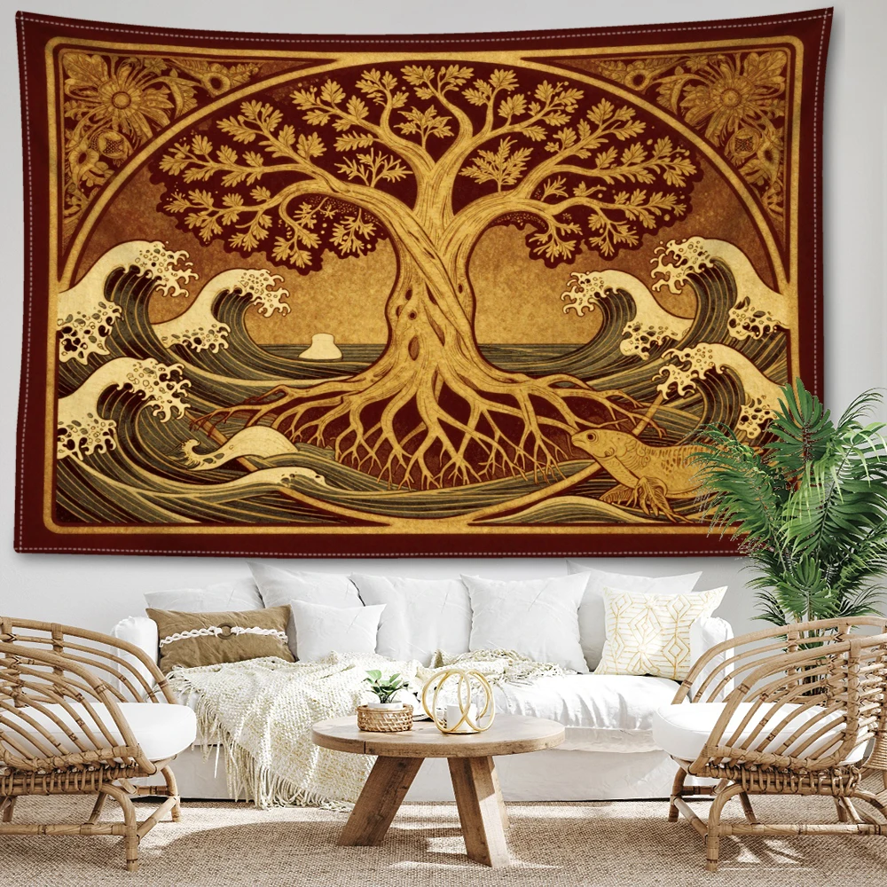 Brown Bronze Tree Sea Wave Sea Otter Wall Tapestry, Boho Decor