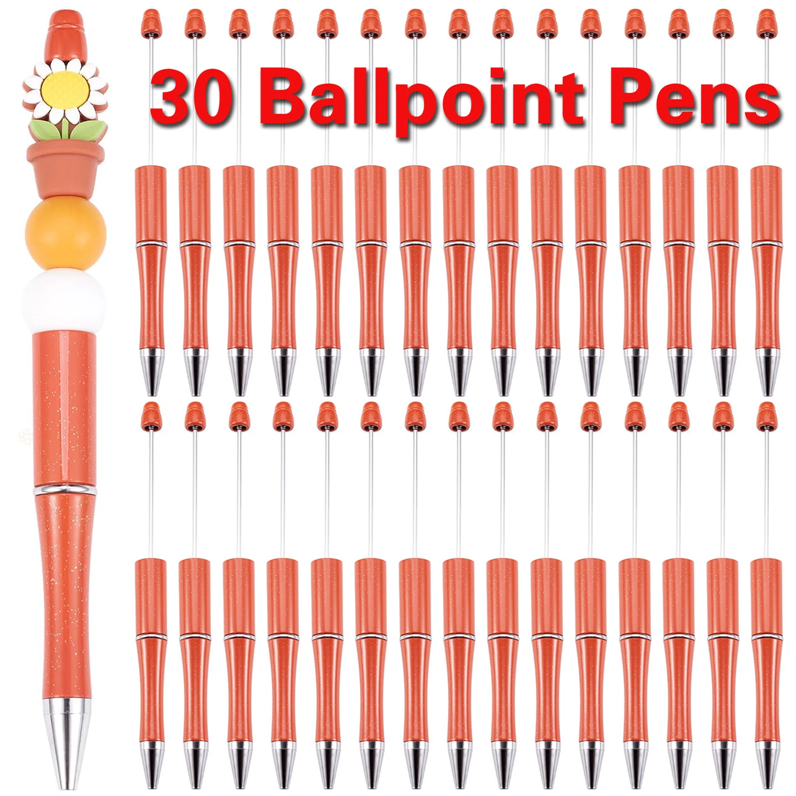 

30Pcs Orange Beaded Students Plastic Beadable Writing Supplies Bead Pen Ballpoint Pens