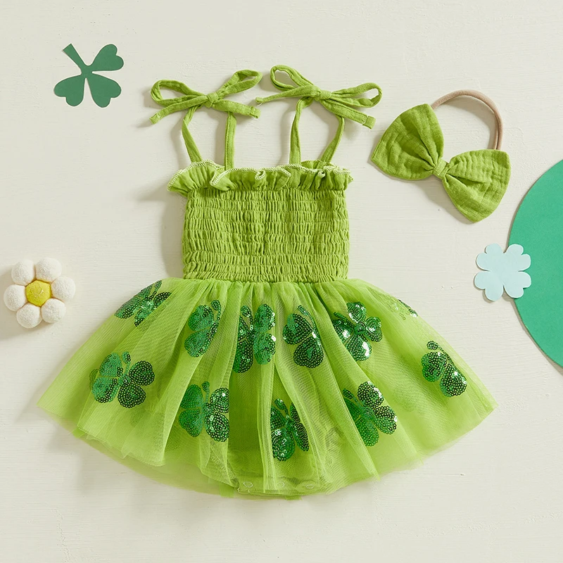 Toddler Girls St Patrick s Day Green Shamrock Print Romper Dress with Matching Headband Set for Festive Outfit