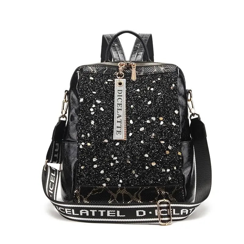 

Light Luxury High Quality Genuine Leather Inlaid Diamond Sequin Snake Pattern Backpack For Women Top Luxury Brand Women's Bag