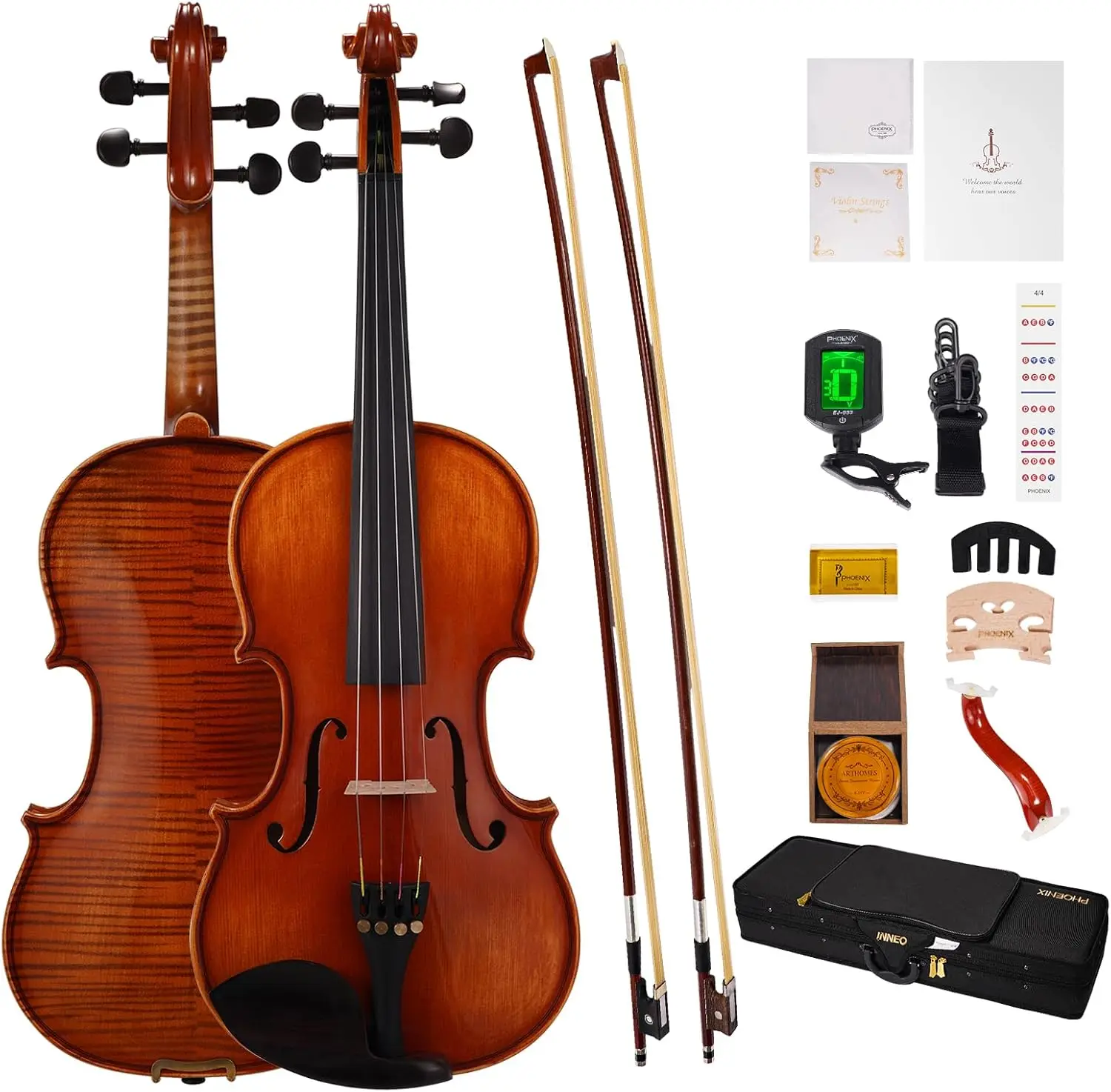 

Violin 4/4 Full Size Set, Fiddle Solid Wood for professional Beginners Adults Kid with Ironwood Octagonal Bow & Rosewood