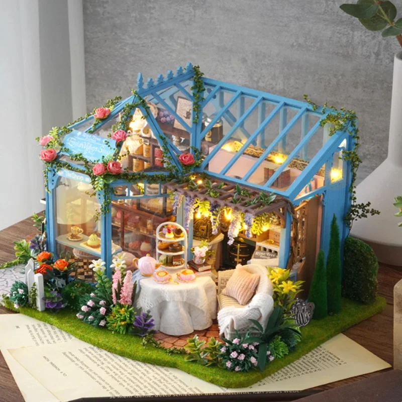 Casa de chá para jardim de rosas, modelo de montagem de madeira, cena em miniatura artesanal, casa de arte vintage, brinquedos educativos colecionáveis