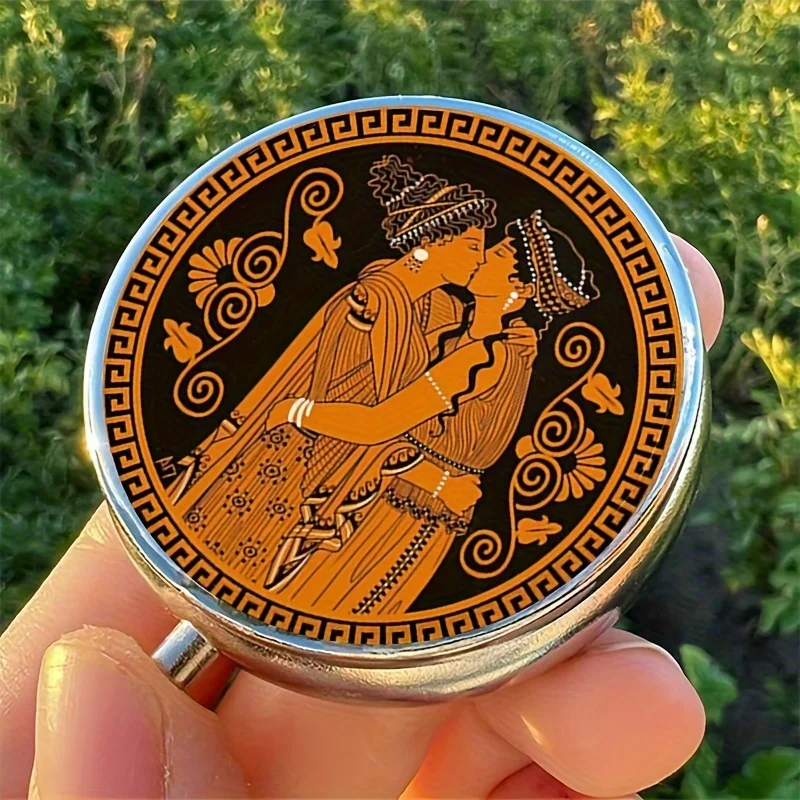 Greek mythological style round pill storage box,3 compartment portable box,compact daily medicine box,fits pockets