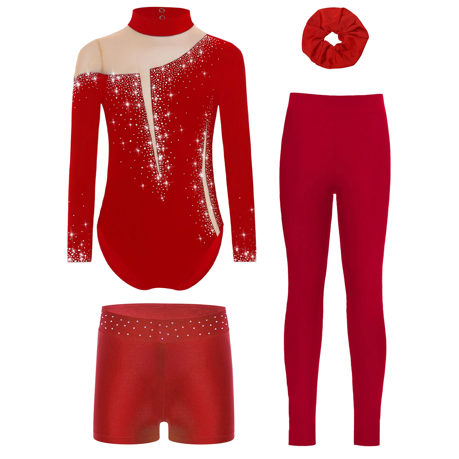 

4Pcs Kids Girls Gymnastics Ice Skating Outfit Long Sleeve Mesh Patchwork Sparkly Rhinestones Leotard+Shorts+Leggings+Hairband