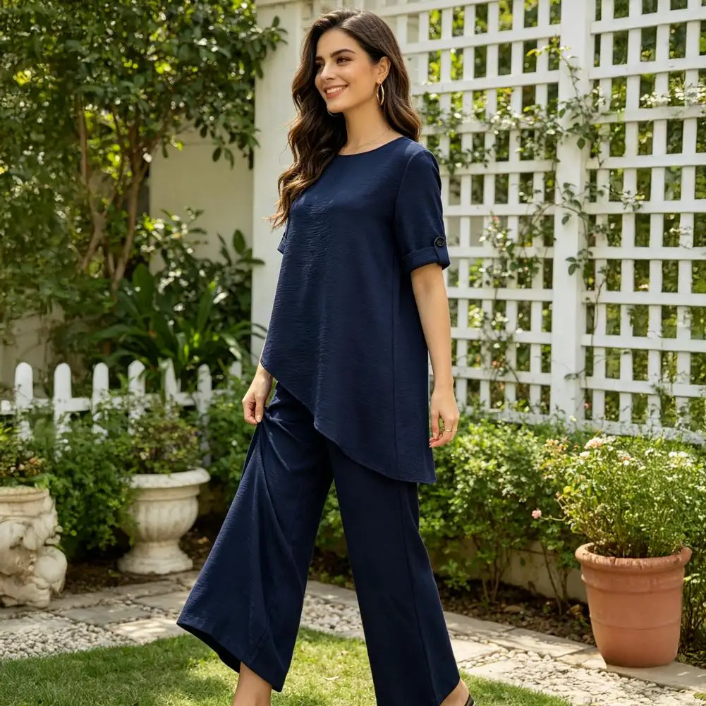 Relaxed Fit Two-piece Outfit Fashionable Short Sleeve Crew Neck Asymmetry Hem Top And Long Pants Lounge Outfits