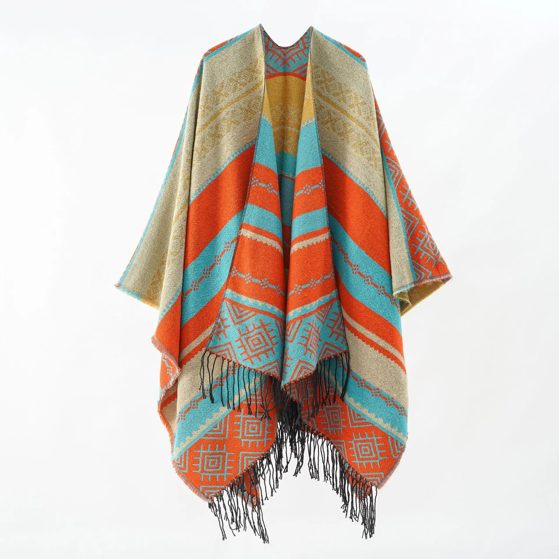 A woman\'s shawl fringed with geometric stripes for casual warmth and cold protection