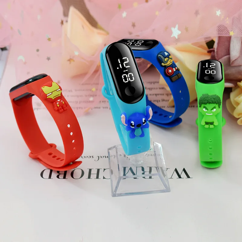 Jam tangan LED anak-anak, mainan anak Digital tahan air, jam tangan Disney Putri Frozen Elsa Anna Spiderman, Iron Man, Mickey, Minnie, Mouse Stitch LED