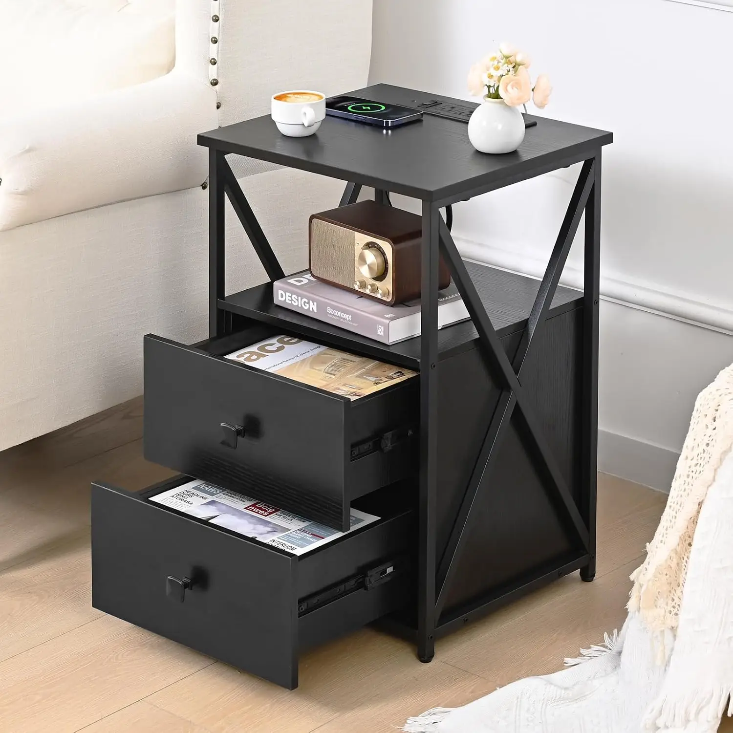Nightstands Set of 2 with LED, End Tables with Charging Station for Bedroom | Black Night Stand Set 2 with Wood, Customized