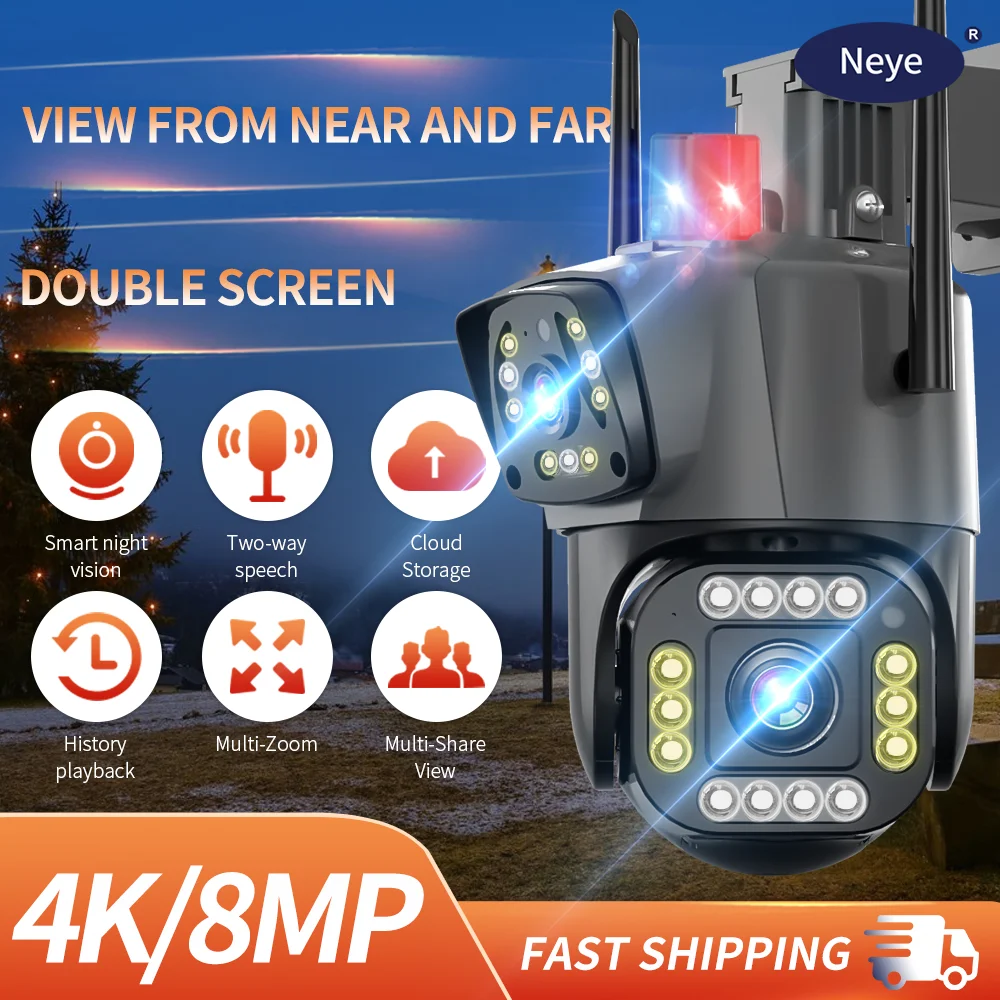 8MP 4K Dual lens WiFi Smart Camera HD Outdoor 4K Binocular PTZ IP Camera AI Automatic Tracking Smart Home Security Camera