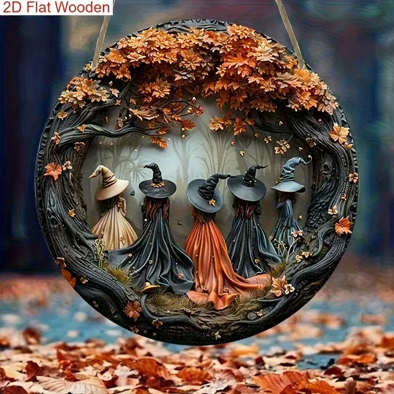 1/3/5 pcs Halloween Gothic Witch Wooden Hanging Sign 2D Round Plaque Forest Autumn Leaves Haunted House Full Moon Door Decor