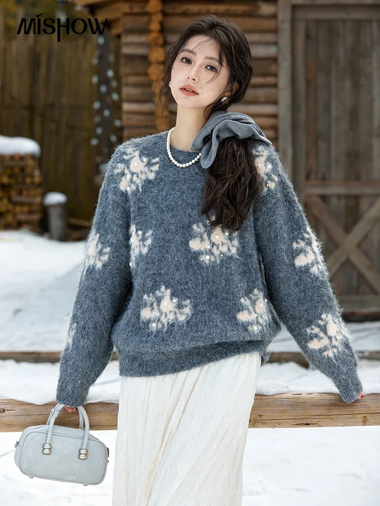 MISHOW Pearls Flower Plush Sweater Grey Cotton Wool Warm Thick Pullovers Soft Knitted Sweater Versatile Delicate Tops MXD57Z1067