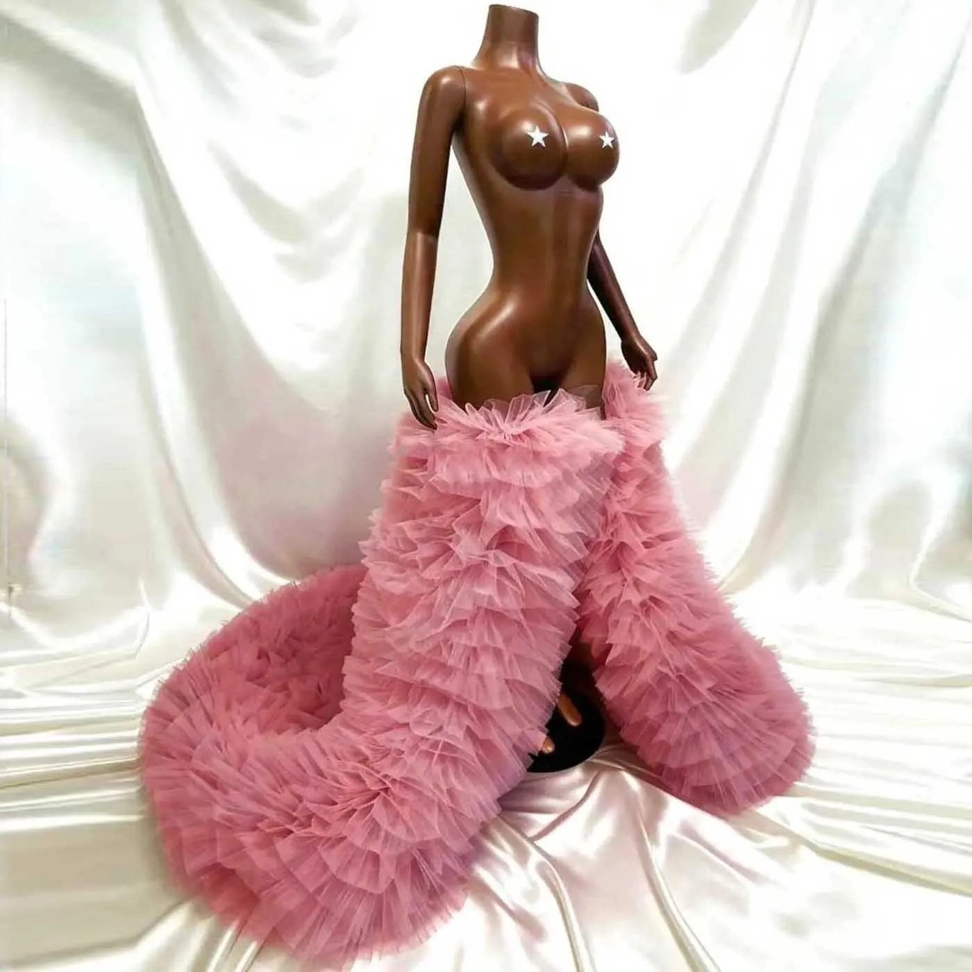 Saia de tule rosa com babados, trem de casamento removível, camadas fofas, trem destacável de tule para vestido de noite, sobreposição feita sob encomenda