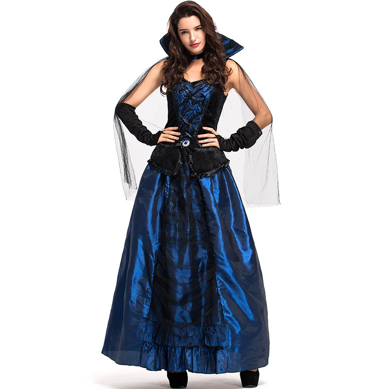 Nieuwe Desgine Victorian Court Cosplay Vampier Koningin Jurk Halloween Blauwe Jurk Vrouw Carnaval Party