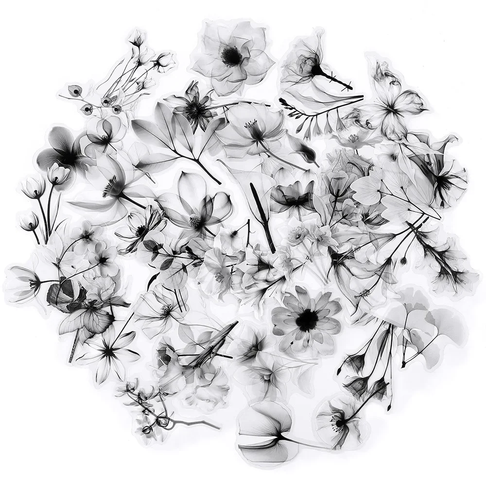 50PCS Black and White Transparent Flowers Graffiti Sticker Flowers Cartoon PET Decal Cup Notebook Phone Guitar Fridge Kid Toys