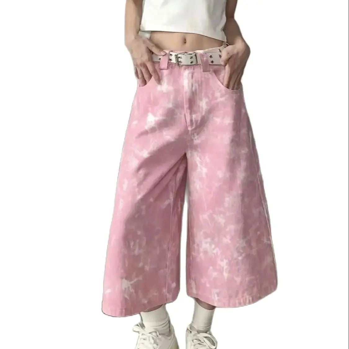 Jeans Pink Tie-Dye Low-Waisted American High Street Wide-Leg Women'S Summer Design Loose Slimming Seven Points Pants