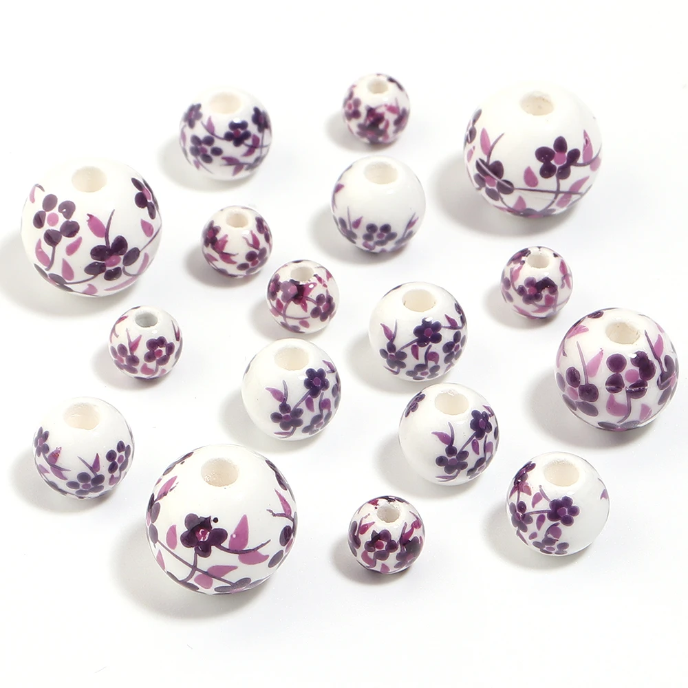 20-30pcs 6 8 10 12mm Jingdezhen Ceramic Beads Purple Flower Pattern Round Loose Beads For DIY Jewelry Making Necklace Bracelet view 5