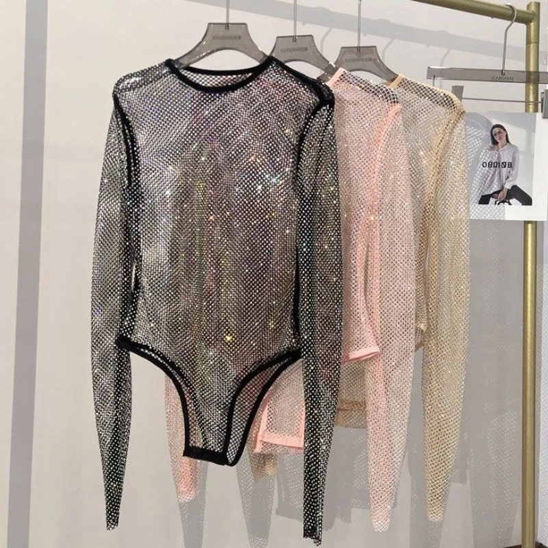 Summer Women Shiny Rhinestones Fish Net Jumpsuit Sexy Hollow Out Mesh Diamonds Beaded Rompers Crystal Playsuits
