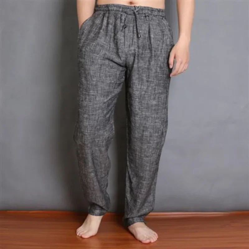 Men's Casual Pants Linen Wrinkle Trousers Male Loose Wide Fashion Baggy Summer Cotton Y2k Polyester Long Comfortable Trend