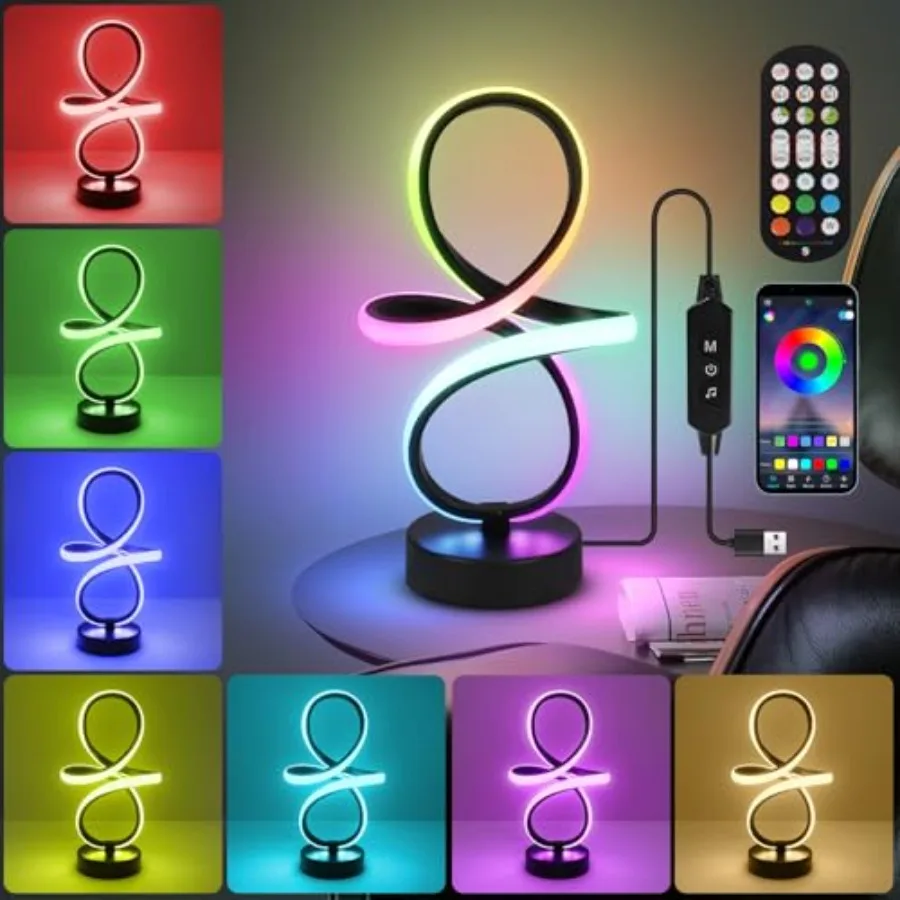 

Modern RGB Table Lamps, 7 Colors 10 Light Spiral Bedside Lamp with RemoteandAPP, Cool Table Lamp, Dimmable LED Nightstand Lamp