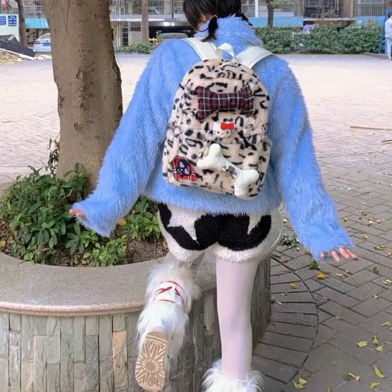 New Kawaii Sanrio Plush Backpack Hello Kittys Cute Anime Beauty Leopard Bon Hot Girl Bag Large Capacity Schoolbag Girls Gift