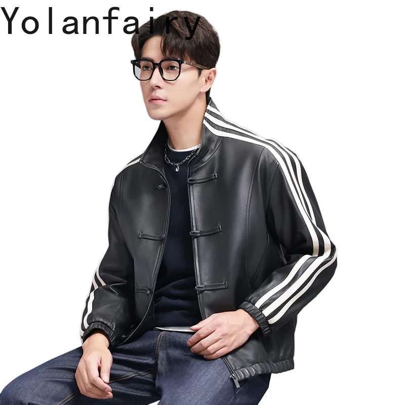 

YOLANFAIRY Top Quality The First Layer Sheepskin Leather Jackets Man 2025 Short Black Real Leather Coats Stand Collar chaquetas