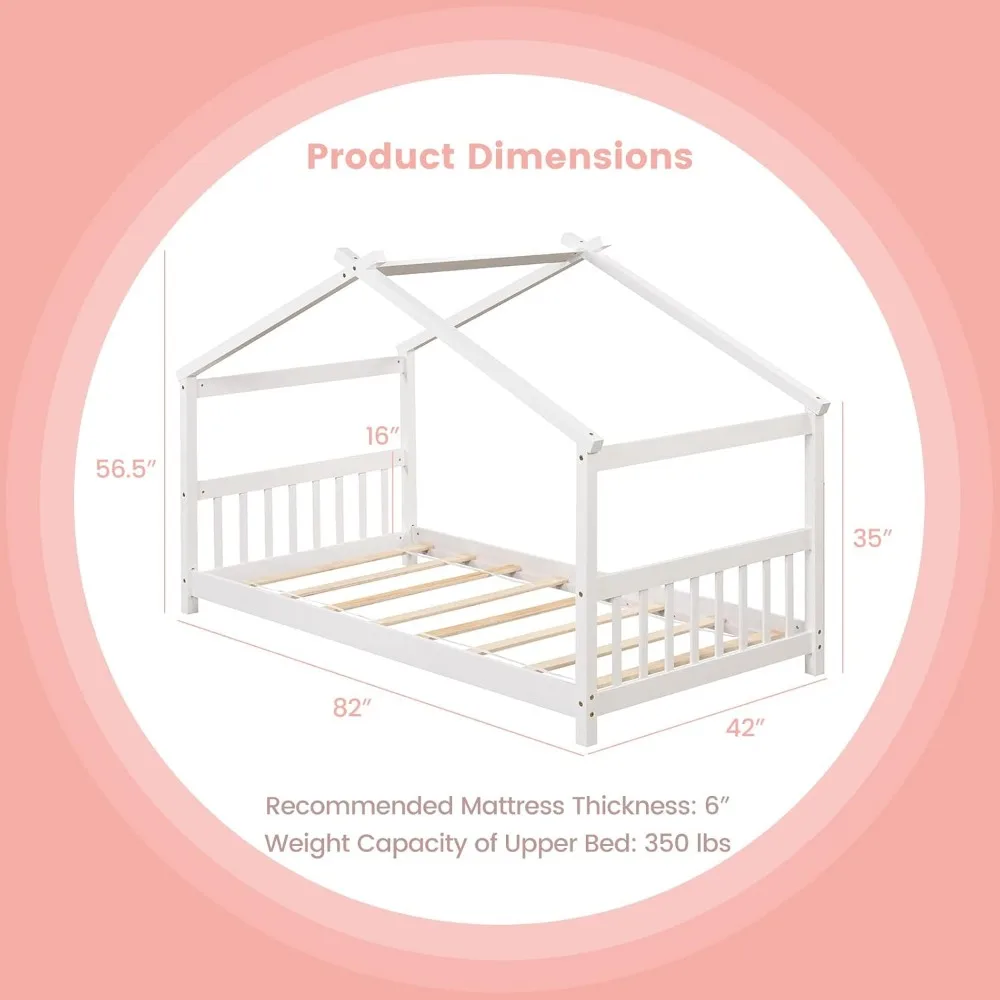 Massief houten kinderhuisbed met dak, hoofdeinde en voeteinde, tweepersoonsbedframe op de lage vloer voor peuters, tieners, meisjes, jongens