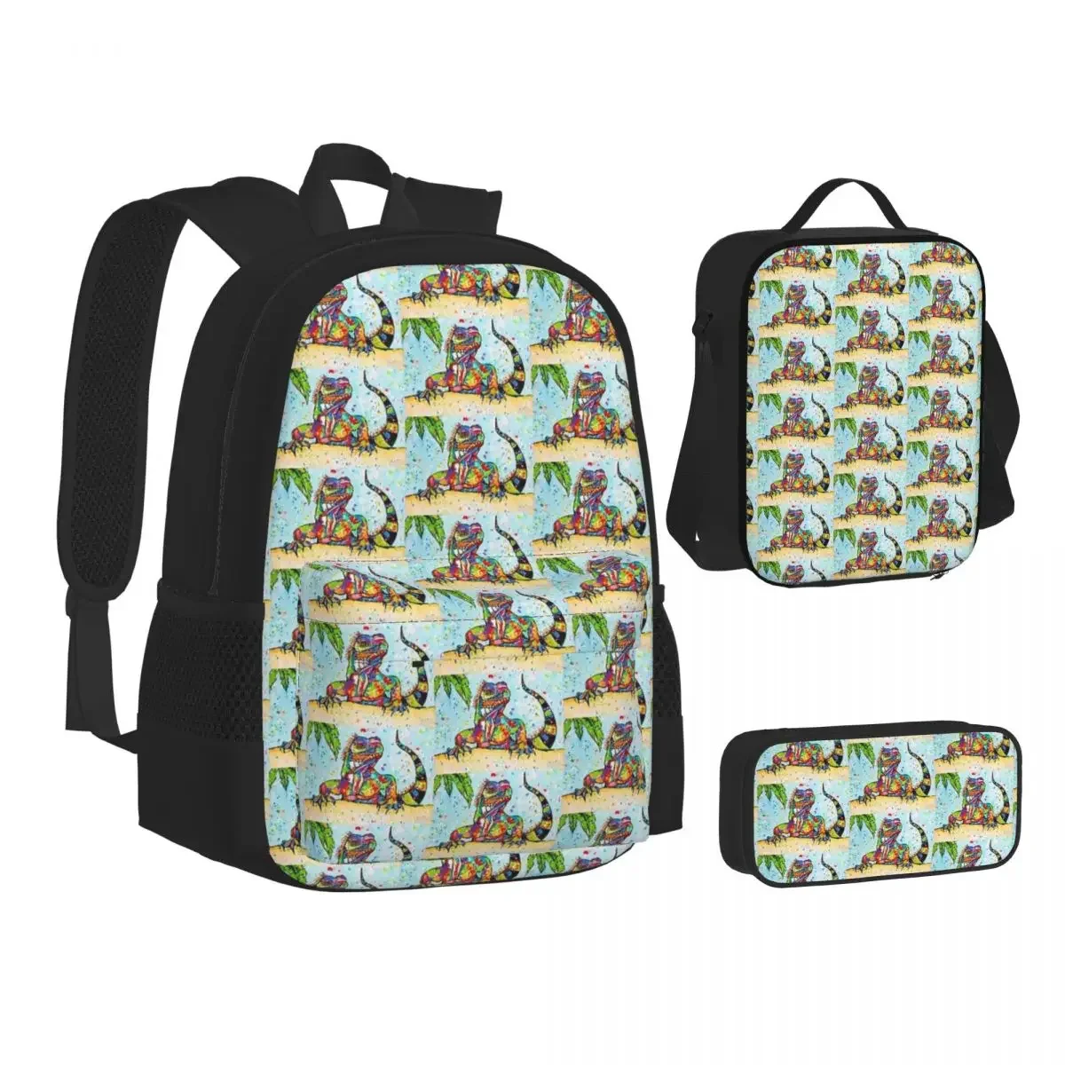 Iguana On The Beach Backpacks Boys Girls Bookbag Students School Bags Cartoon Kids Rucksack Lunch Bag Pen Bag Three-Piece Set